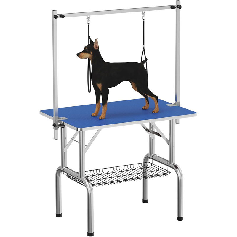 36" Pet Grooming Table with Adjustable Arm & Storage Tray, Folding Drying and Trimming Table for Dogs & Cats, Blue