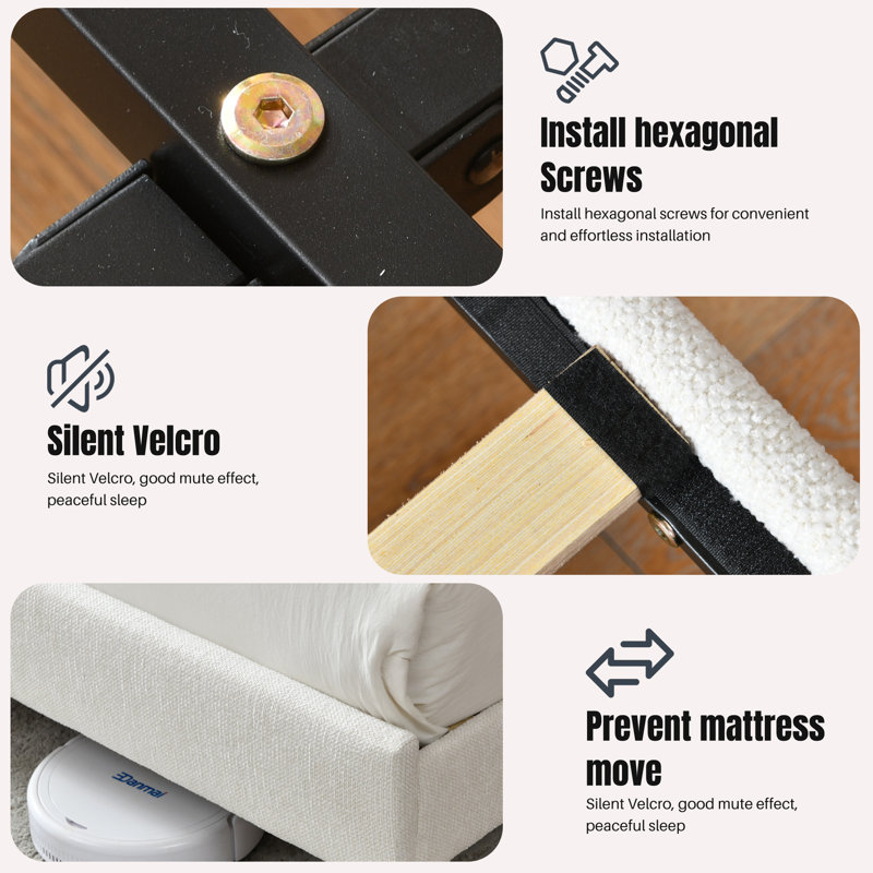 Lit plateforme en bois avec base rembourrée, Crème, King