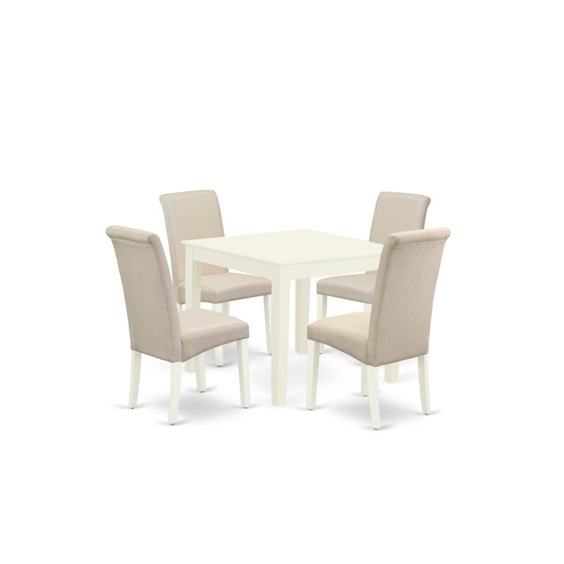 Ensemble de table de salle à manger 5 pièces moderne comprenant une table carrée en bois et 4 chaises Parson rembourrées en tissu crème, lin blanc