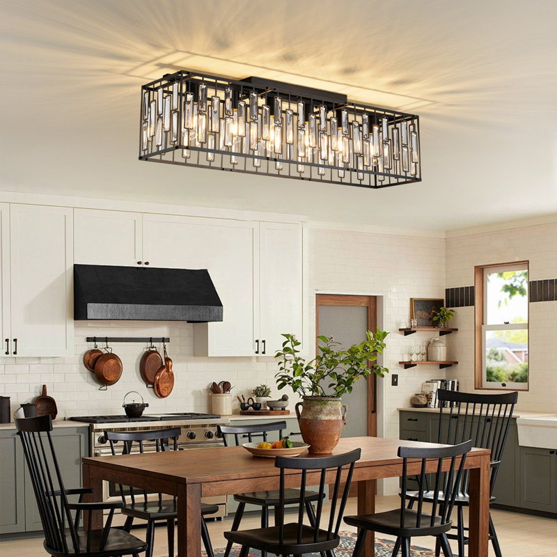 6 - Light 38.7" Crystal Rectangle Flush Mount, Matte Black