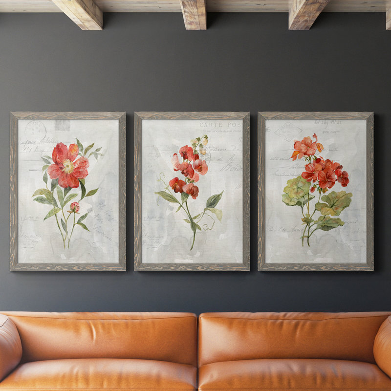 Lin géranium - ensemble de 3 impressions sur toile encadrées, H 20 po x l 51 po x P 1,5 po, gris