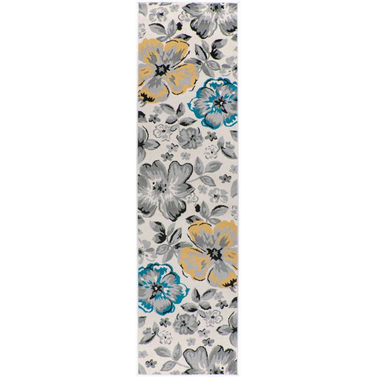 Modern Floral Cream/Yellow/Blue Performance Area Rug