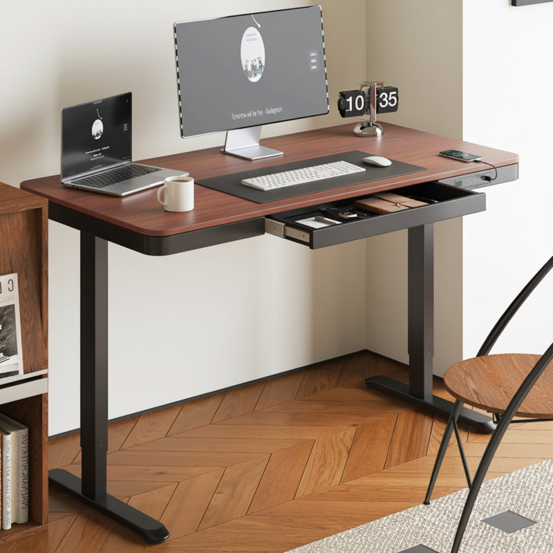 Bureau debout à hauteur réglable de 48 po / 55 po avec tiroir Home Office, Acajou / Noir, H 46,5 po x l 55 po x P 28 po