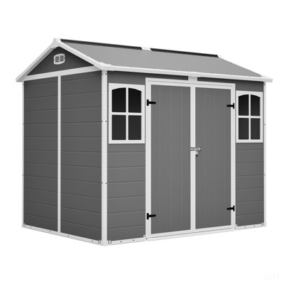 Plastic Utility Shed 8X6 Ft With Floor – Lockable Storage Shed For Garden Tools & Trash Bins, All-Weather Outdoor Organizer In Gray-White