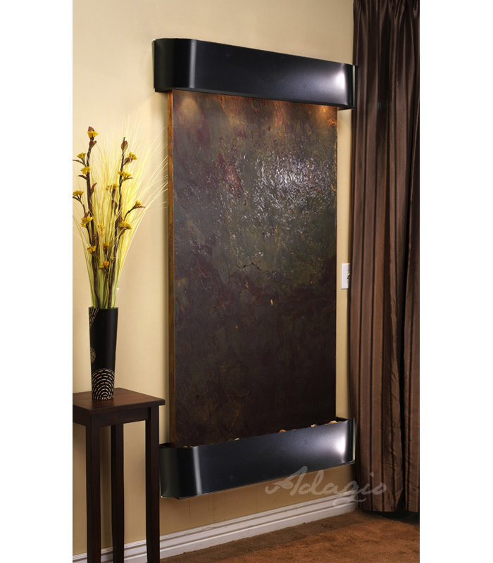 Summit Falls Fountain with Light, Blackened Copper, Multi-Color Feather