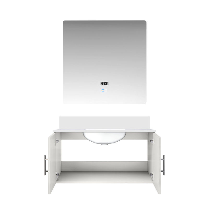 36 po L x P 22 po. Meuble-lavabo blanc brillant avec comptoir en marbre et miroir, Blanc lustré