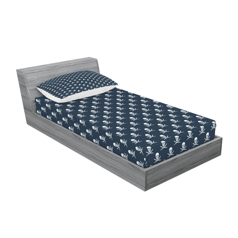 Drap-housse et coussin décoratif Ambesonne Pirates, bleu foncé et blanc, Ensemble de draps-housses pour lit simple + 2 taie