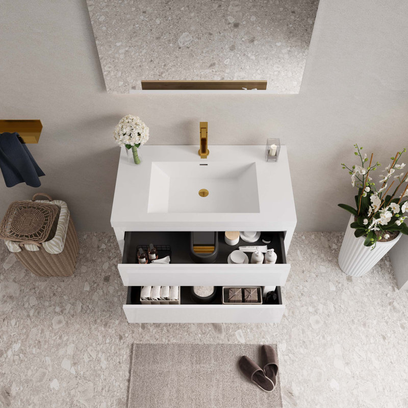 Meuble-lavabo mural avec lavabo, armoire de rangement flottante avec comptoir en résine de pierre et tiroirs à fermeture en douceur