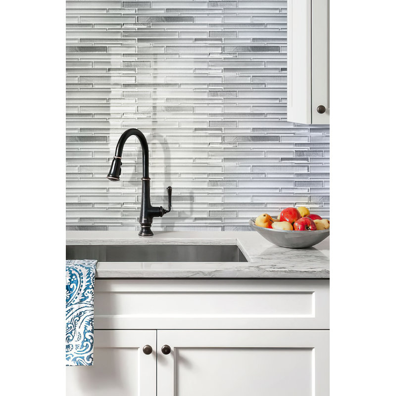 11.8" x 12.2" Glass Mosaic Tile, White/Silver