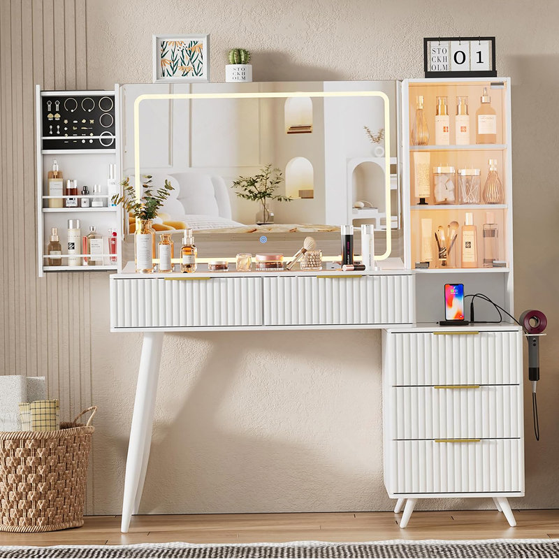 Coiffeuse avec miroir et lumières, coiffeuse avec plateau en verre, coiffeuse avec tiroirs, coiffeuse pour chambre de femme (plateau en verre blanc)
