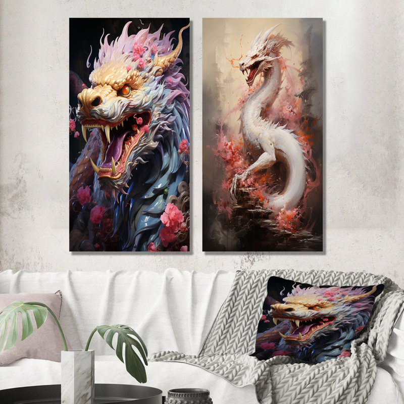 «China Dragon Dance I», ensemble de 2 reproductions d'art mural chinois, Toile tendue, H 32 po x l 33 po