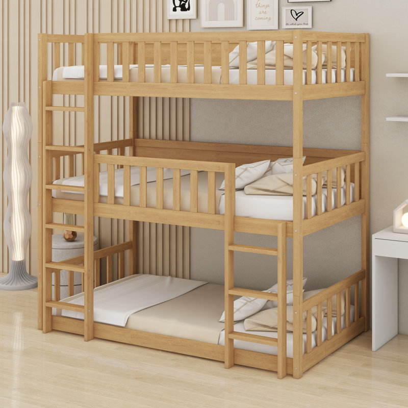 Triple Wood Bunk Bed, With Ladders, Guardrails, White Oak