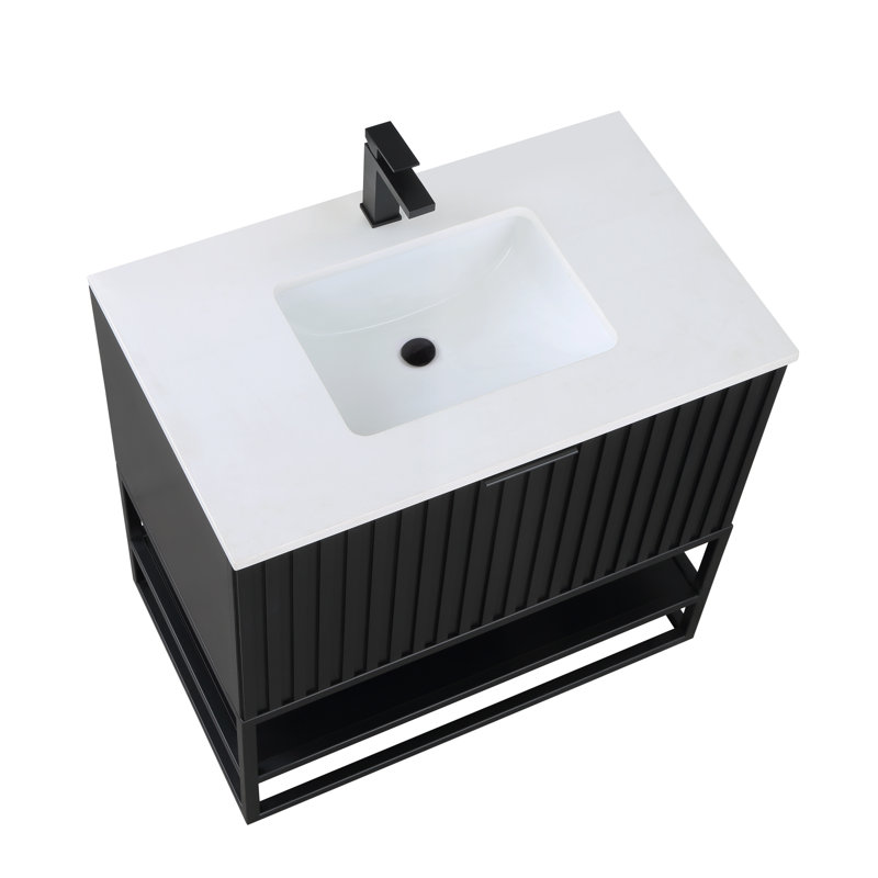 Terra 36'' W Single Vanity, White Quartz/Single Faucet Mount, Midnight Black, Matte Black