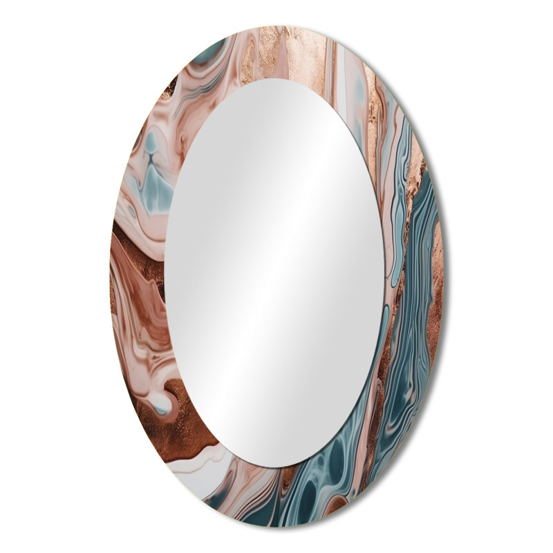 Ocean Waves Fluidity In Marble II - Gold Modern Oval Wall Mirror, 36" x 24"