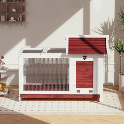 Large 2-Story Outdoor Rabbit Hutch, Weatherproof Wooden Bunny Cage with Removable Wire Netting, Waterproof Roof & Pull-Out Tray, White
