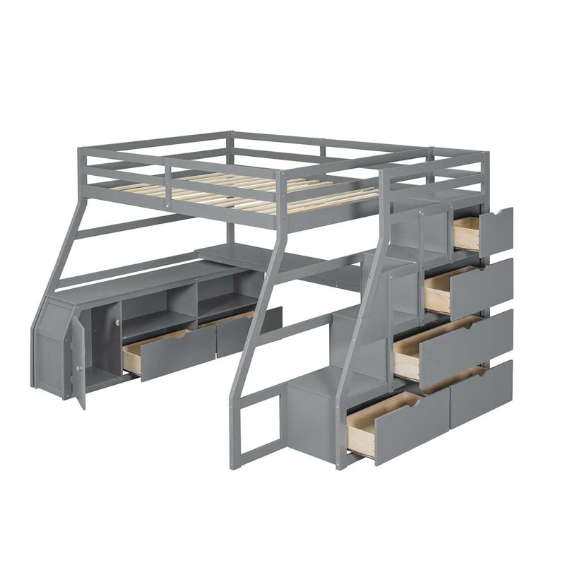 Modern Loft Bed With 7 Drawers 2 Shelves And Desk Multifunctional Furniture For Bedroom, Gray, Full