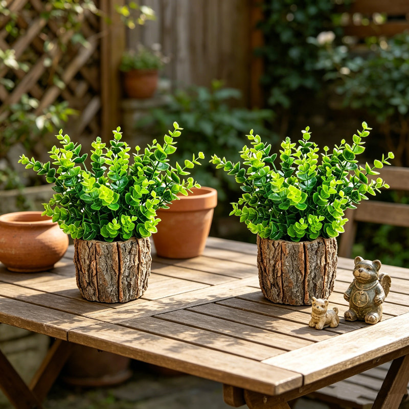 Ensemble de 2 fleurs artificielles en pot, petite fleur rustique avec vase en bois dans une cour de jardin, Eucalyptus