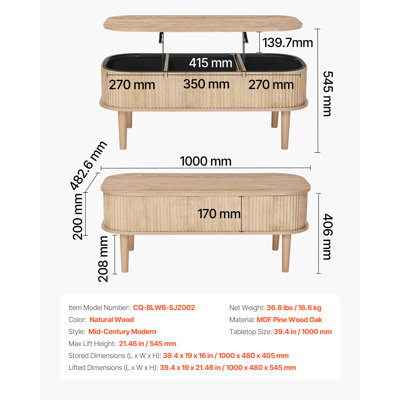 Table basse à plateau relevable de 39,4 po, table basse ovale cannelée avec 3 compartiments cachés, bureau central ovale en bois de style Mid-Century avec rangement, plateau de table relevable pour la maison et le bureau, assemblage facile, noyer