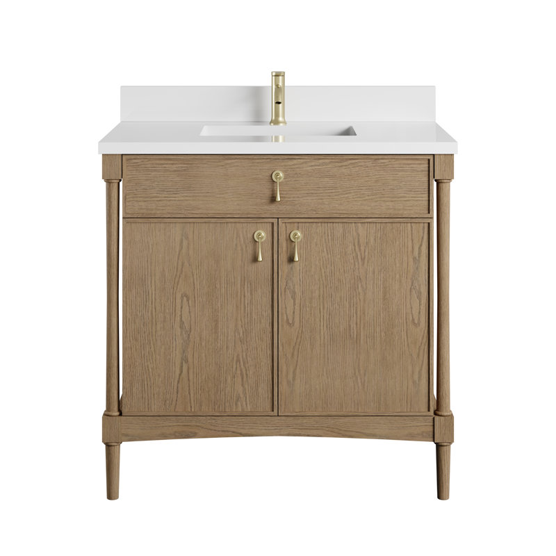Kinnsden 36" W Single Vanity, White Zeus Silestone with Backsplash, Weathered Oak, Single-Hole