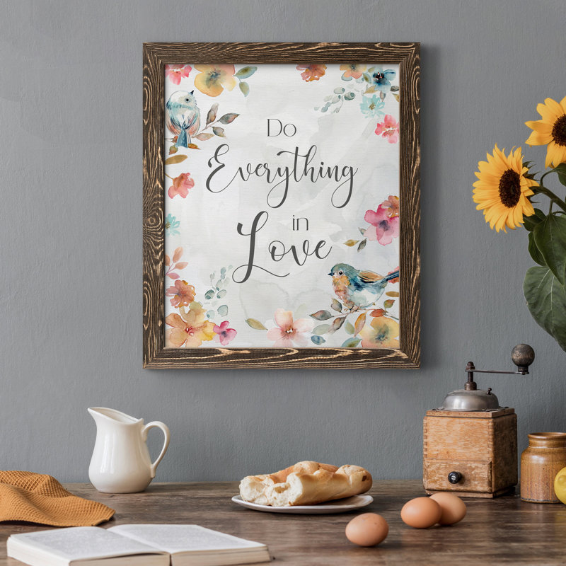 «Spring Bird Love», art textuel sur toile, H 31,5 po x l 23,5 po x P 1,5 po, Noyer