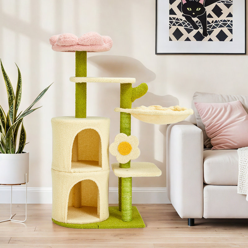 38'' Flower Cat Tree Tower, Cute Cat Tree For Indoor Small Medium Cats, Multi-level Cat Tower With Cat Scratching Post, Cat House, Cat Bed, Stylish Cat Furniture, Green