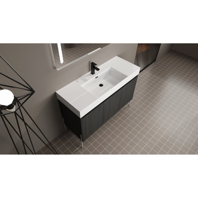 Armoire de salle de bain moderne 48 "avec lavabo en résine et meuble-lavabo autoportant à fonctions pratiques - aspect chêne foncé