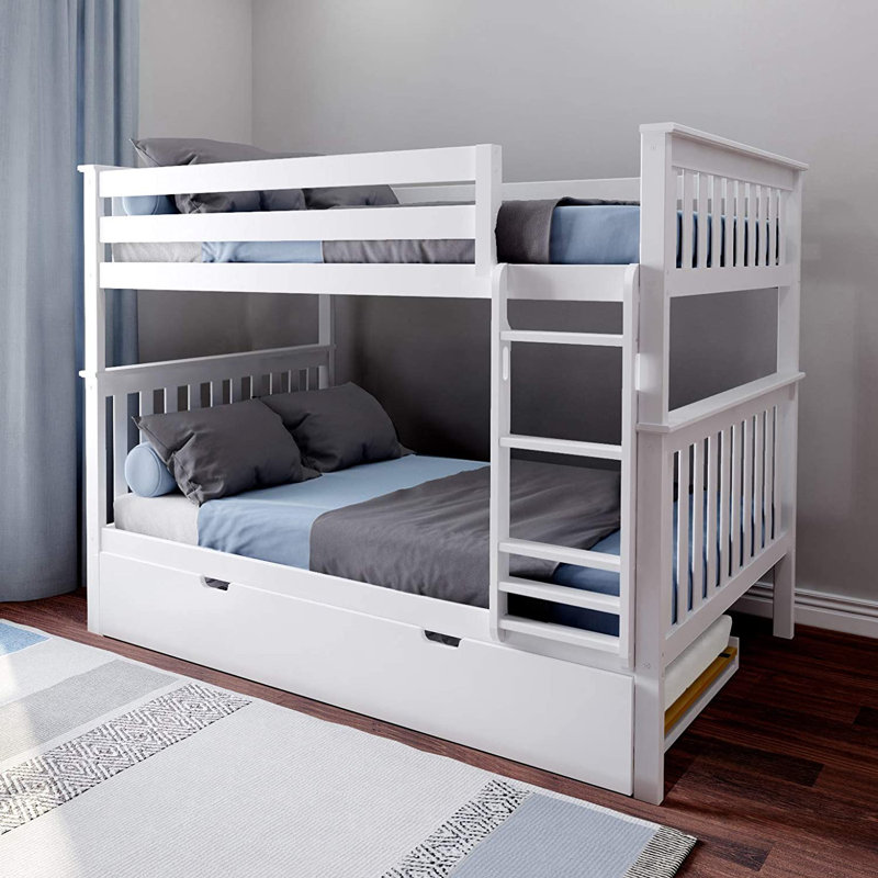 Aileana Kids Twin Over Twin Bunk Bed with Trundle, White, Full over Full