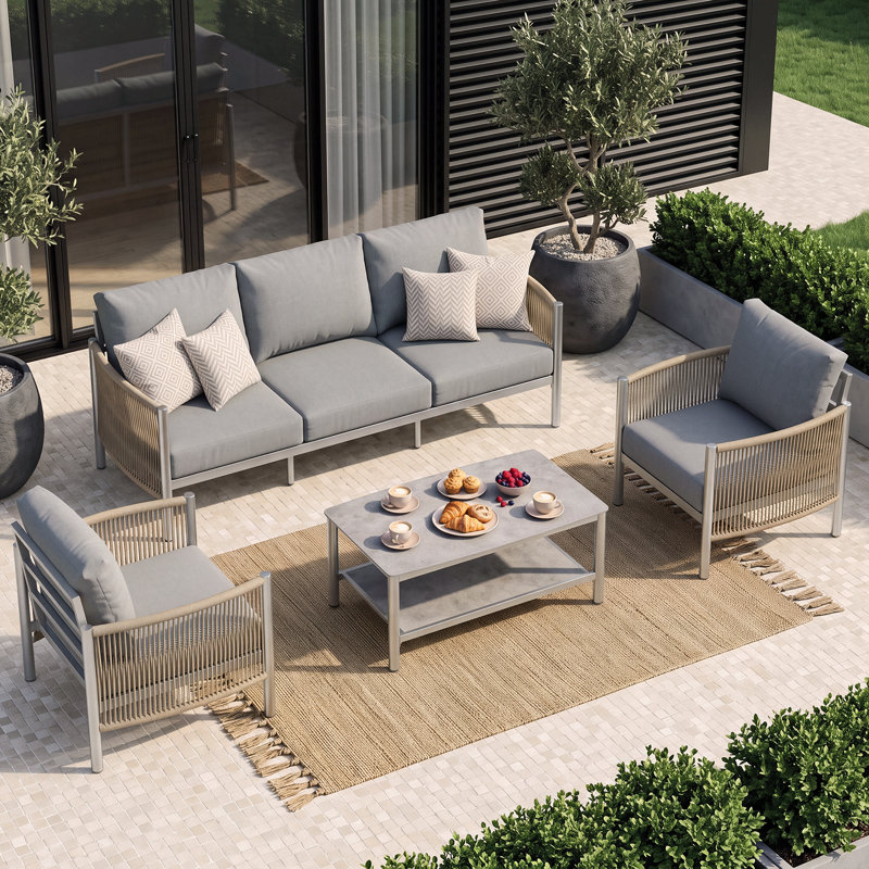 Canapé de patio 3 places en aluminium de 188 cm (74 po) avec coussins haute densité de 15 cm (6 po) d'épaisseur et tissu oléfine résistant aux intempéries