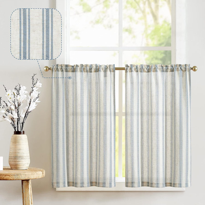 Kitchen Curtains Striped Tier Cafe Curtains Farmhouse Small Curtains, 26" W x 24" L, Blue on Beige