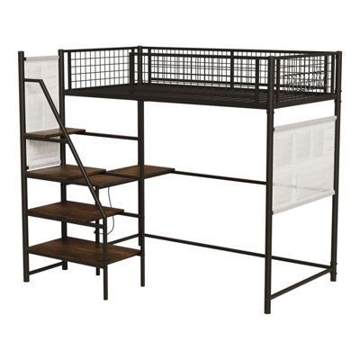 Twin sized loft metal bed with white for bedroom and dormitory, with built-in charging station and LED lighting