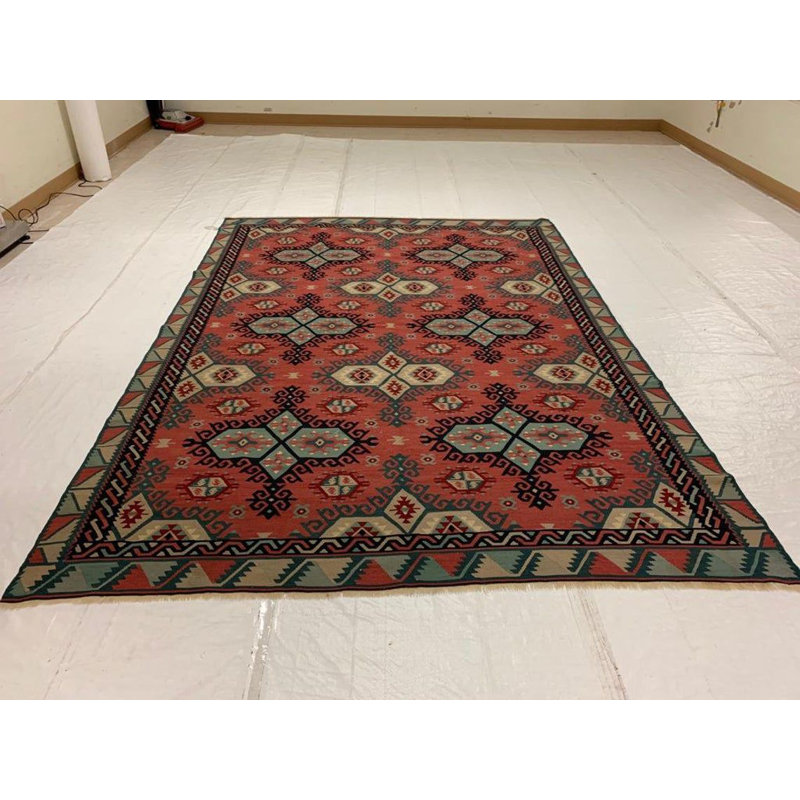 Tapis tissé à plat de couleur rouille / bleu clair / ivoire 6 pi 8 po x 9 pi 5 po