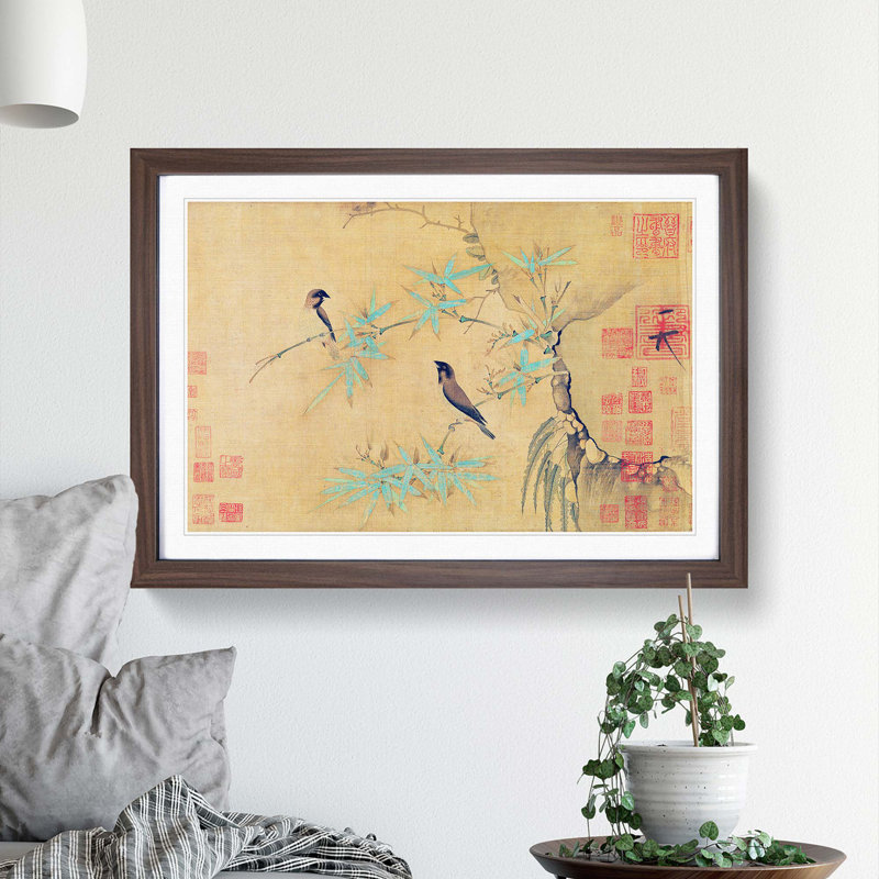 Finches on Bamboo by Zhao Ji - Picture Frame Art Print, Walnut Framed, 36cm H x 48cm W x 2cm D