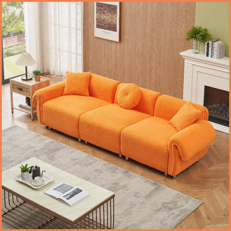 Canapé en peluche 3 places avec 3 coussins - 3 pièces - Mobilier de salon moelleux avec structure en bois massif, Orange