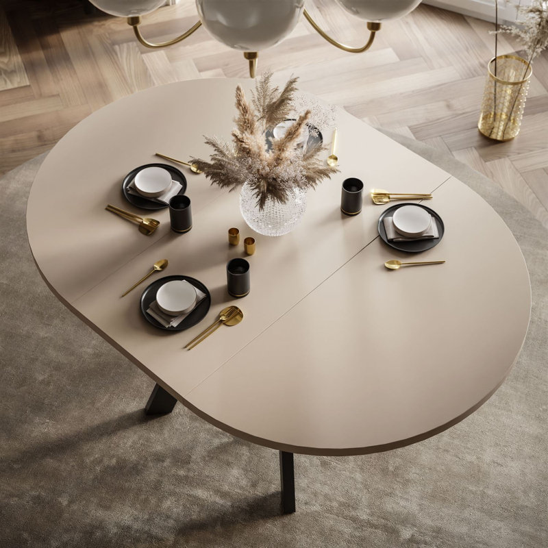 Extendable Round Metal Base Dining Table, Cashmere, Black