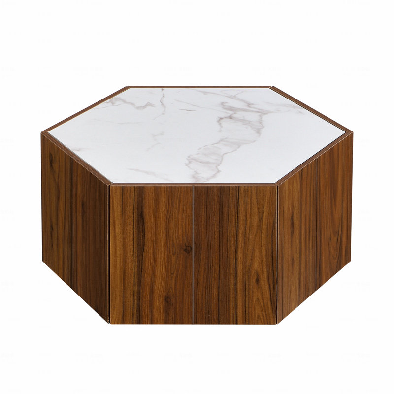 Table basse hexagonale rustique rétro en bois avec 2 tiroirs cachés avec dessus en marbre texturé Walunt Oak, Brun