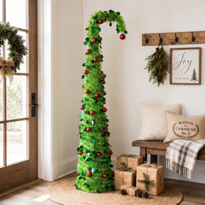 Sapin télescopique pliable vert de 1,80 m à cime courbée, préilluminé avec 100 DEL blanc chaud, 8 modes d'éclairage, fonctionne sur piles, pré-décoré avec des boules rouges, décoration de Noël en PVC