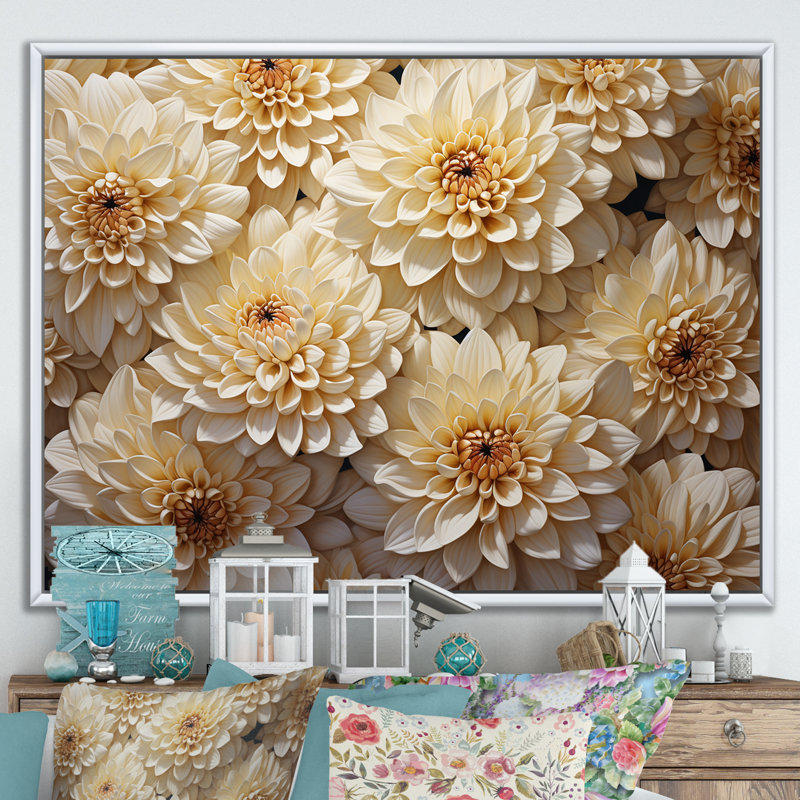 «White Minimalisme Chrysanthemums», mosaïque sur toile, 12" H x 20" W, Cadre flottant blanc