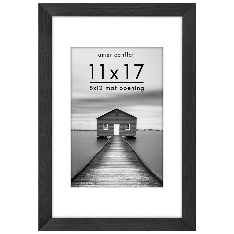 Picture Frame - Americanflat Frame with Mat - Wide Moulding - Shatter-Resistant Glass, Black, 11" x 17"