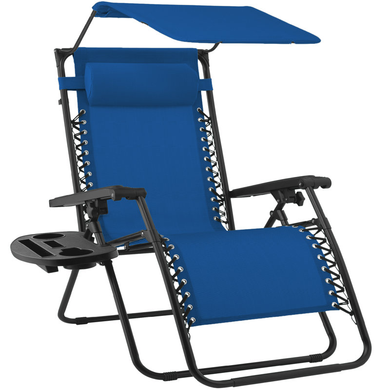  Folding Zero Gravity Recliner Patio Lounge Chair W/ Canopy Shade, Headrest, Tray - Marine Blue