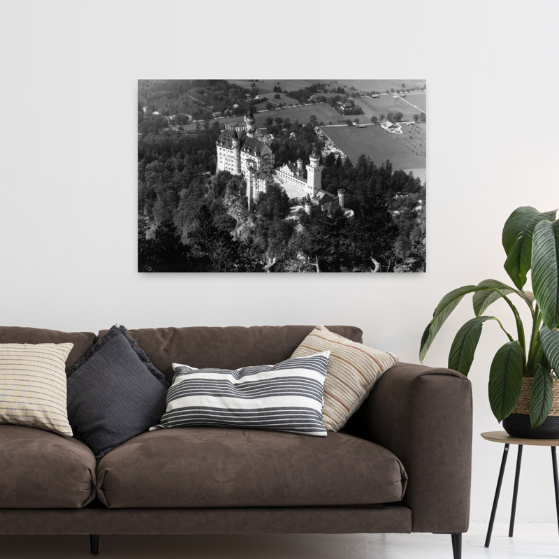 Années 30, années 40, art mural de l'architecture de la faune rétro classique de Neuschwanstein, 32" H x 48" W