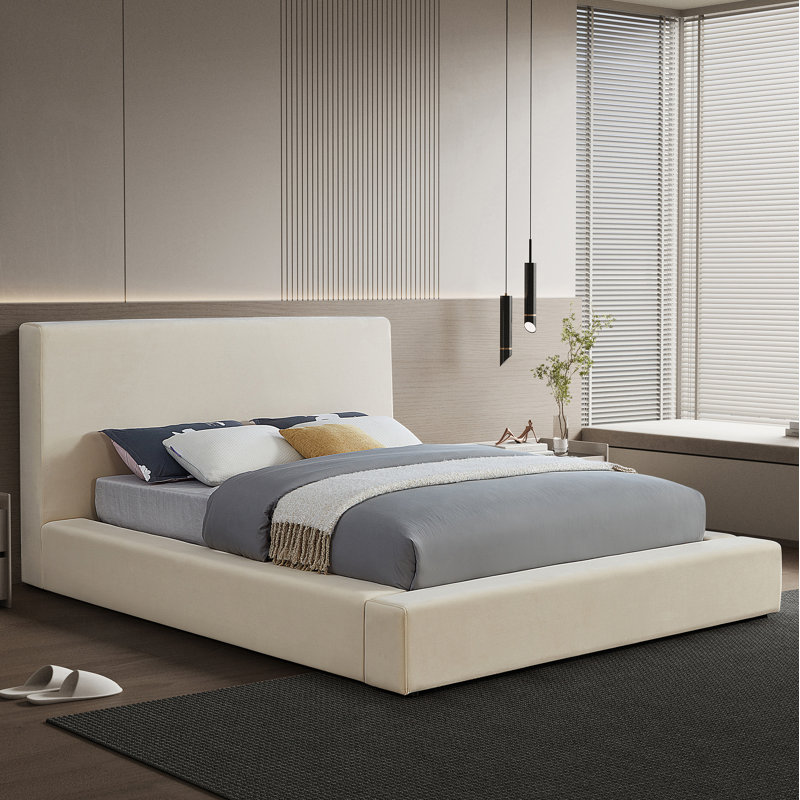 Ishia Upholstered Platform Bed, Full, Cream Velvet