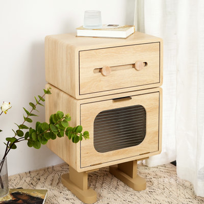 Natural - Colored Rotating Robot Side Table With Smooth Drawer, Airflow Promoting Base, And Easy Assembly Finished Rotatable Glass Cabinet, Convenient Base For Living Rooms