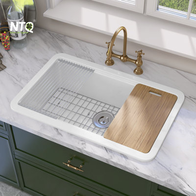 Pure 33 in. White Workstation Kitchen Sink Drop-in/ Undermount Extra Wide Fireclay Farm Sink Single Bowl with Accessory Kit