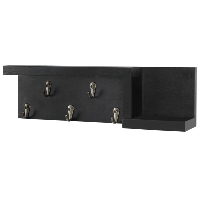 Decorative Key Holder For Wall With Shelf, Entryway Shelf With Hooks Holds, Black