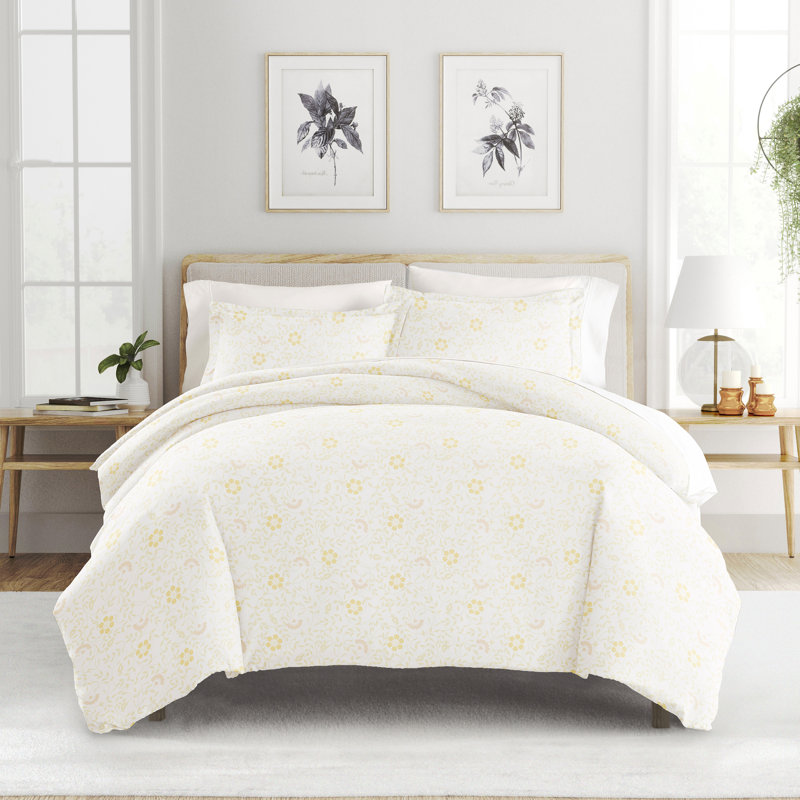 White Floral Microfiber Queen Duvet Cover Set with Shams