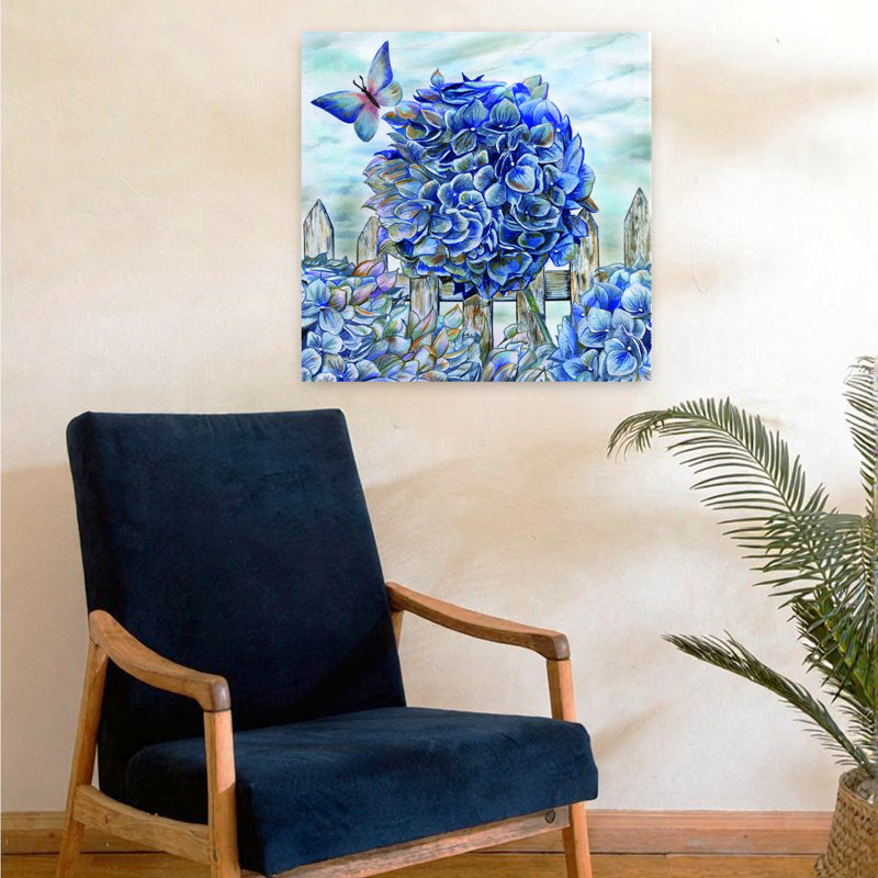 Hortensias en fleurs, art floral de printemps contemporain, H 24 po x l 24 po