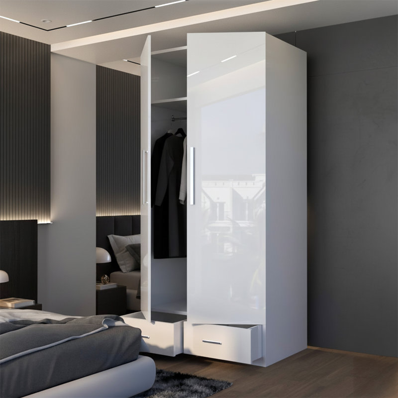 Modern 2 Door 2 Drawer High Gloss Hinged Wardrobe, White