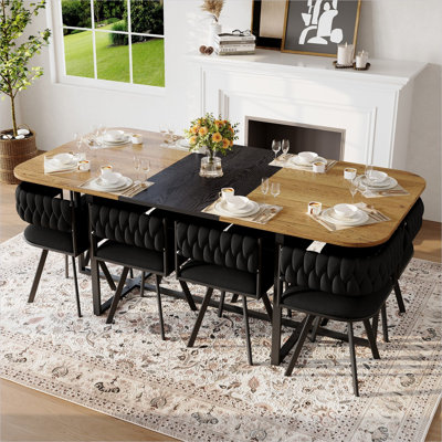 Ensemble de table de salle à manger 8 personnes avec chaises en velours noir de jais et plateau en triamine à deux tons pour les cuisines modernes