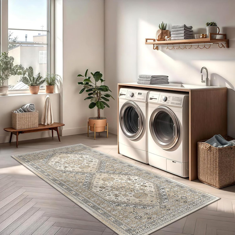 Medallion Non Slip Washable Rug(Beige), Runner 2' x 6'