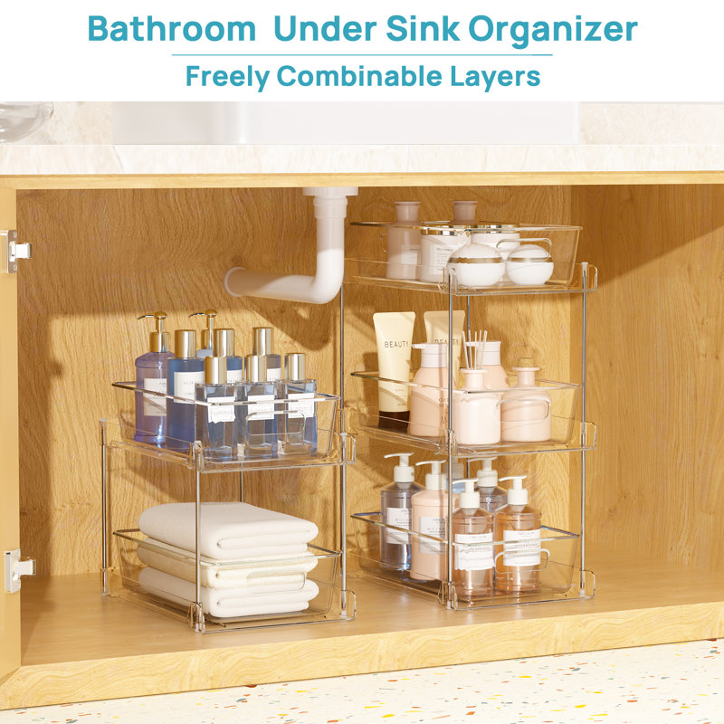 Organisateur de rangement de salle de bain à 2 niveaux, paquet de 4 organisateurs transparents sous l'évier, comptoir de rangement pour armoire à pharmacie, bacs à pharmacie, rangement coulissant avec garde-manger, cuisine